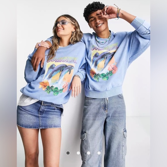 Collusion Unisex Sweatshirt in Dolphin Print in Blue Acid Wash - Picture 2 of 2